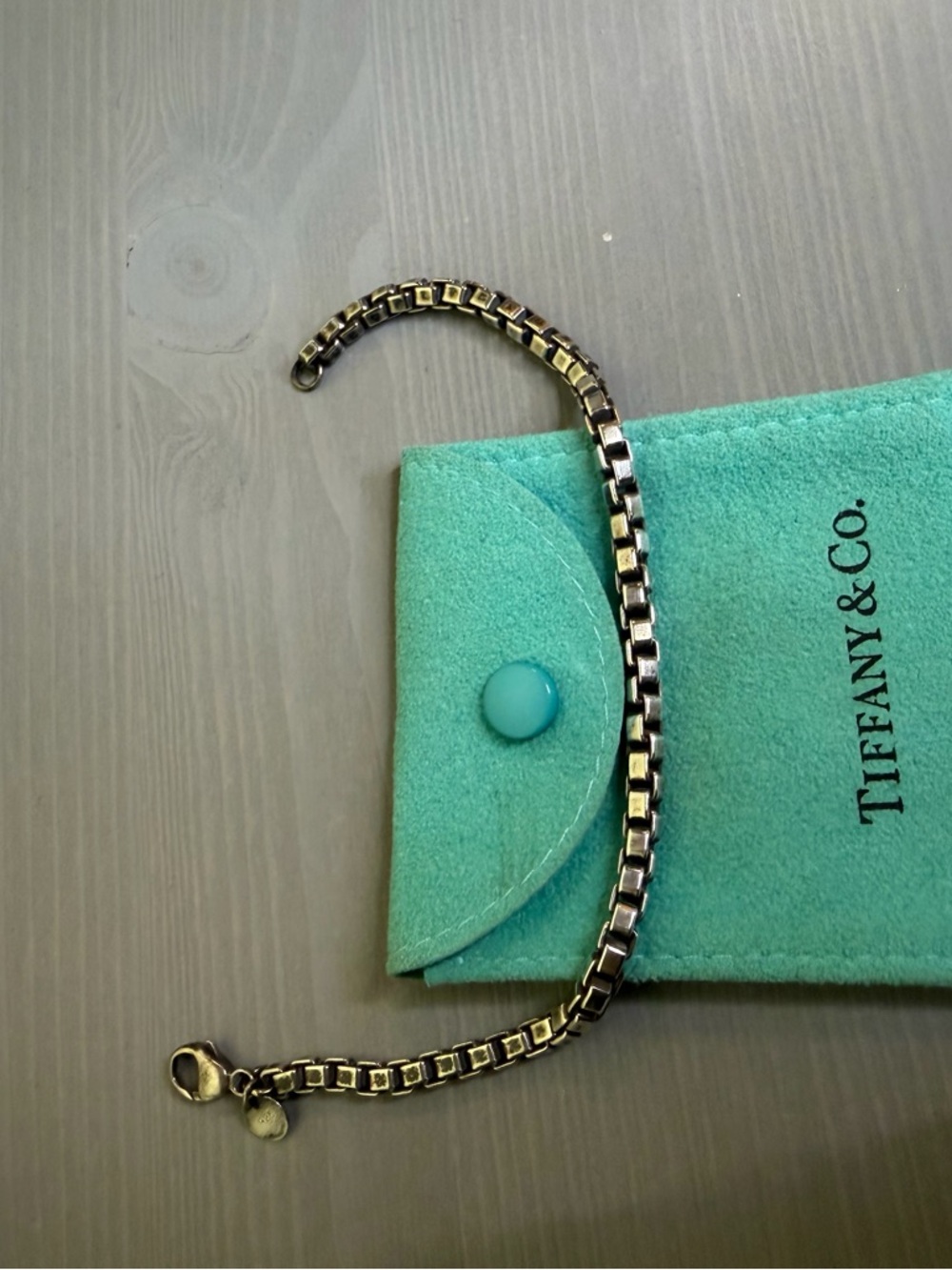 Tiffany & Co. Sterling Silver Box Link Bracelet on Tiffany Blue Pouch